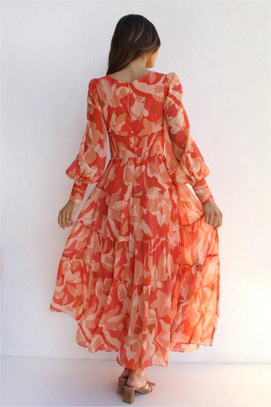 V-neck Lantern Sleeve Midi Dress