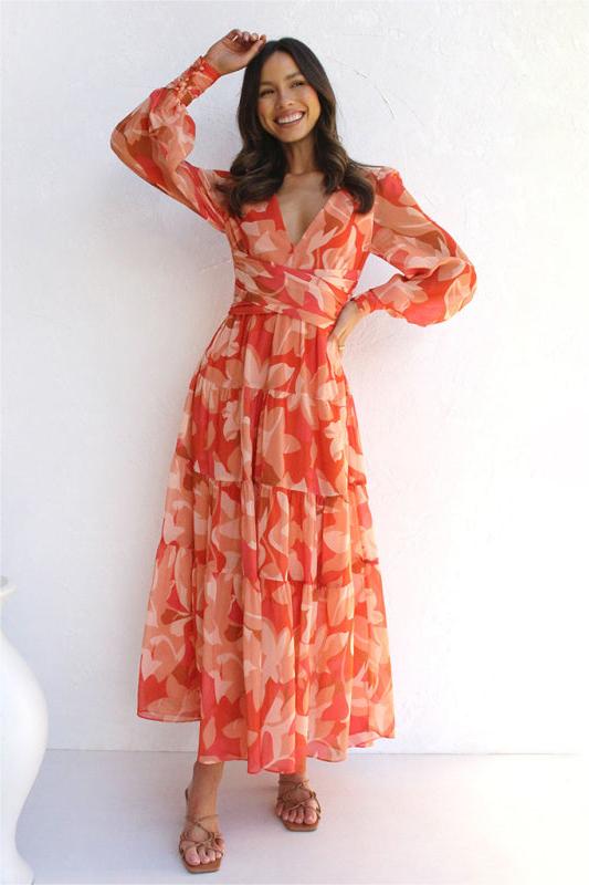 V-neck Lantern Sleeve Midi Dress