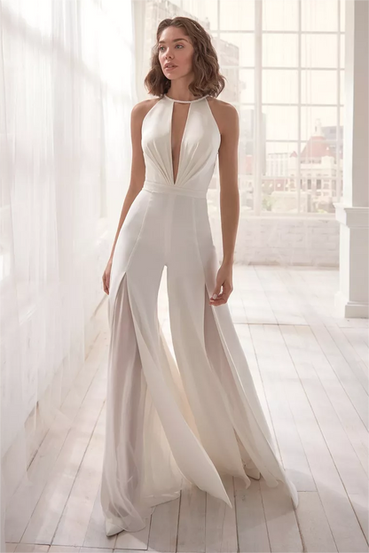 Halter Neck Embroidered Split Jumpsuit