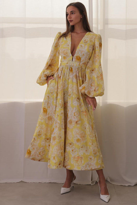 V-neck Long Sleeve Midi Dress