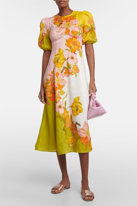 Puff Sleeve Round Neckline Midi Dress