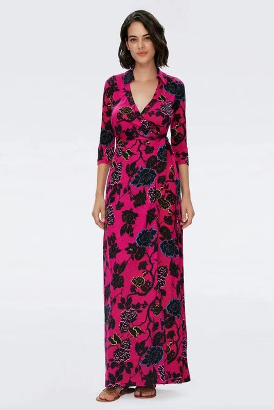Mid Sleeve Lace Up Wrap Midi Dress