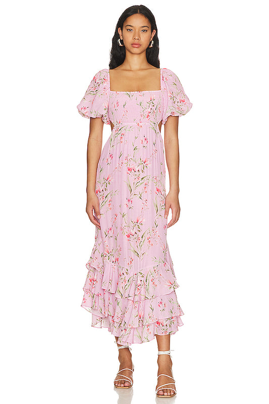 Smocking Puff Sleeve Midi Dress