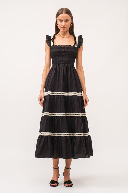 Lace Smocking Frill Sleeveless Midi Dress