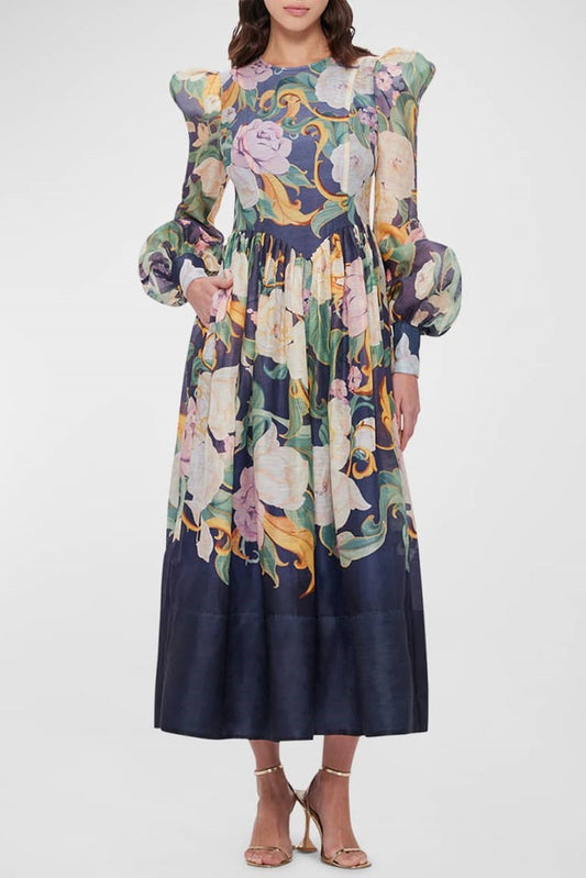 Round Neck Long Sleeve Midi Dress