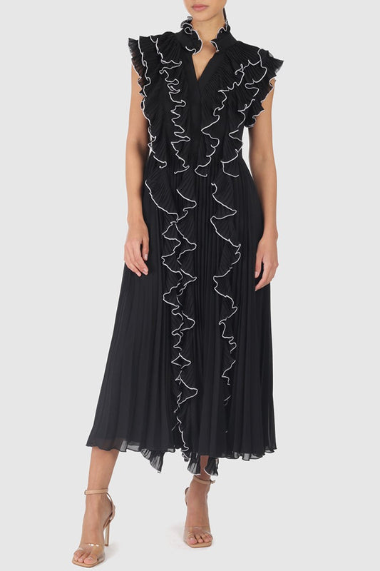 V-neck Frill Sleeveless Midi Dress