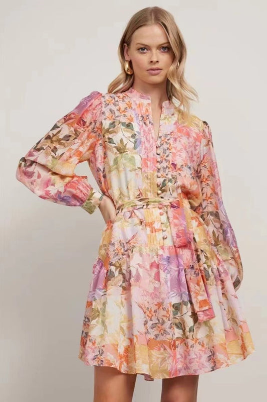Pleat Single Breasted Lantern Sleeve Mini Dress With Belt