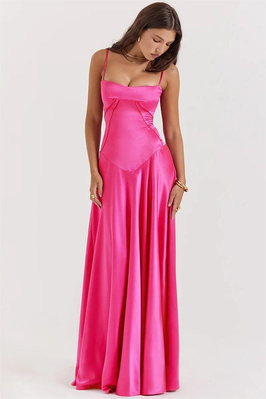 Satin Lace Up Maxi Dress Fuchsia