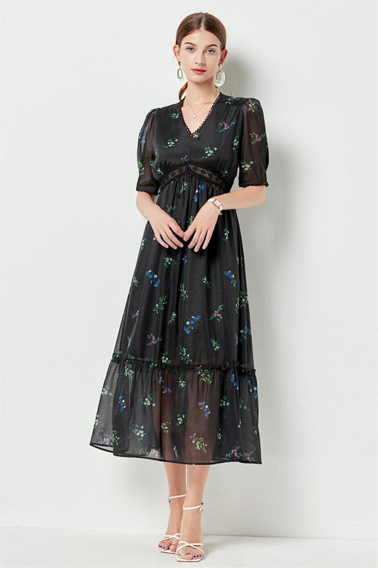 Lace Puff Sleeve Midi Dress