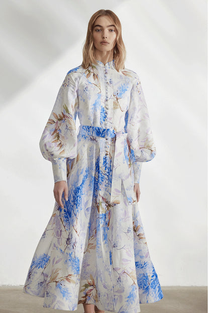 Button Lantern Sleeve Midi Dress