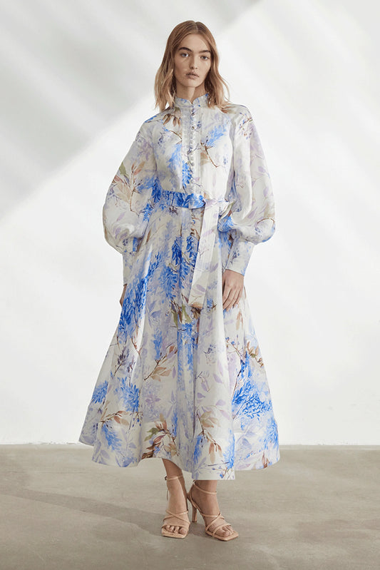 Button Lantern Sleeve Midi Dress