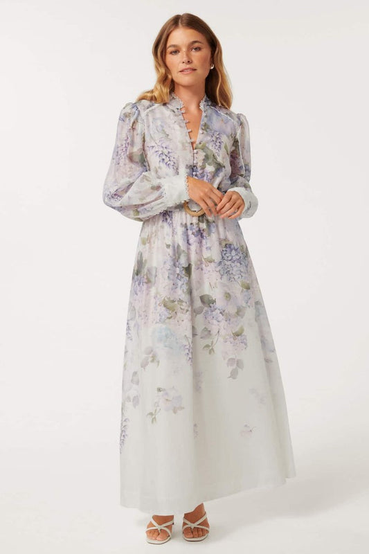 Lace Button Long Sleeve Maxi Dress With Belt