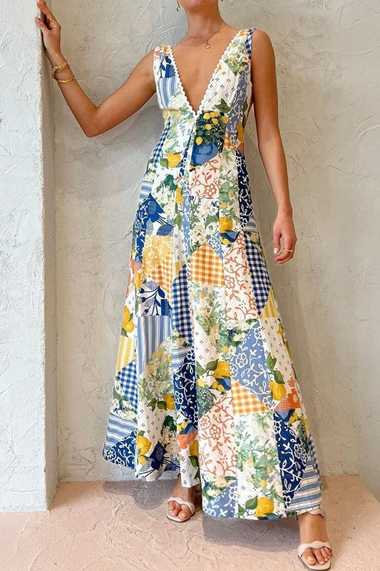V-neck Sleeveless Splicing Maxi Dress
