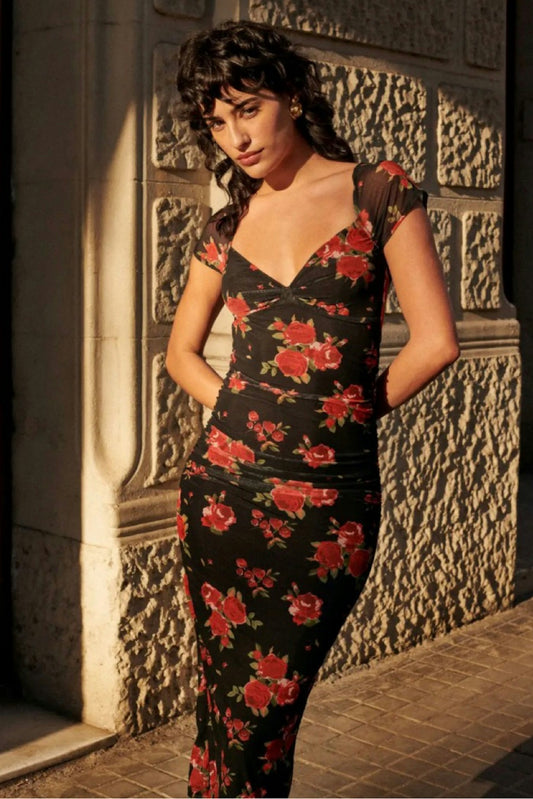 Mesh Sweetheart Neck Midi Dress