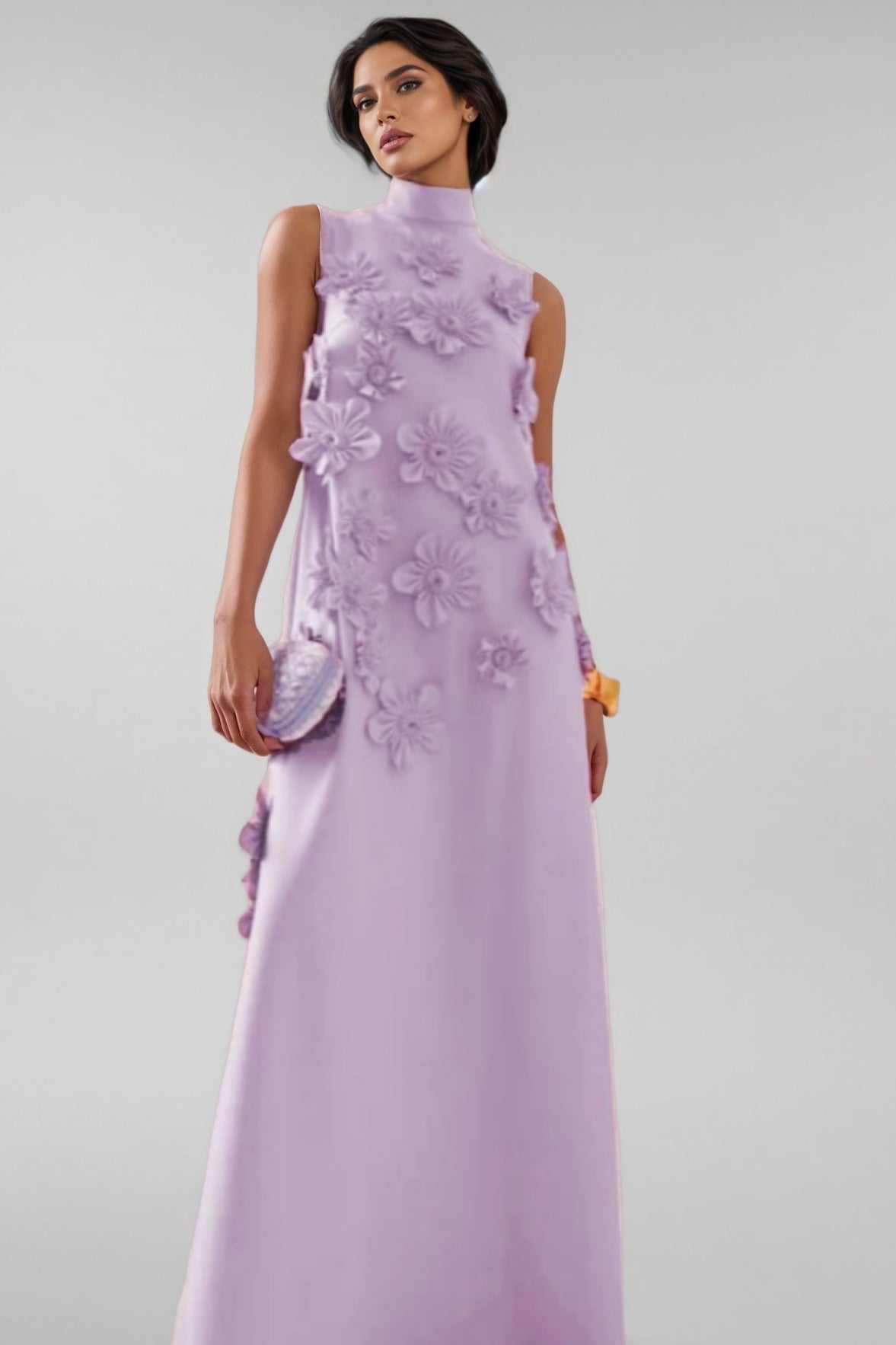 Celina 3d High Neck Sleeveless Maxi Dress-purple