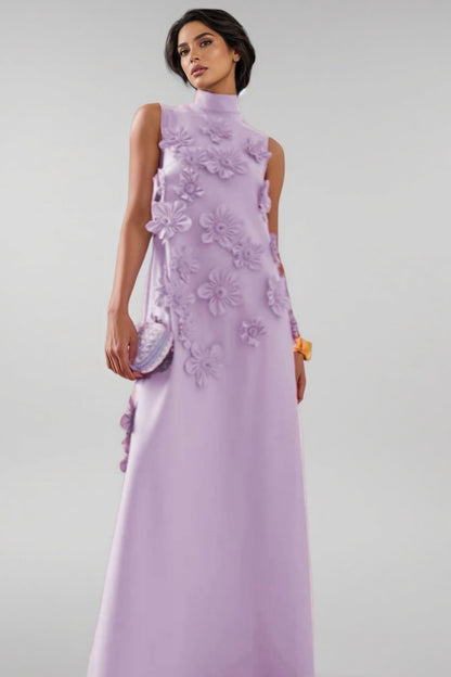 Celina 3d High Neck Sleeveless Maxi Dress-purple