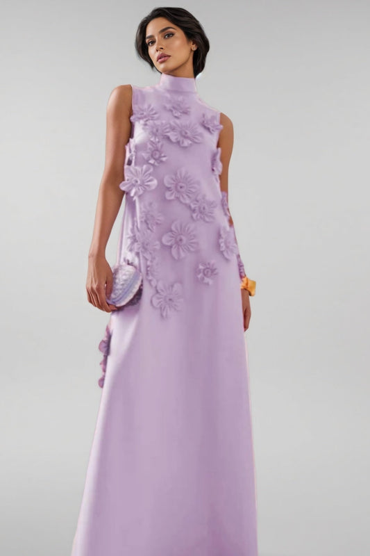 Celina 3d High Neck Sleeveless Maxi Dress-purple