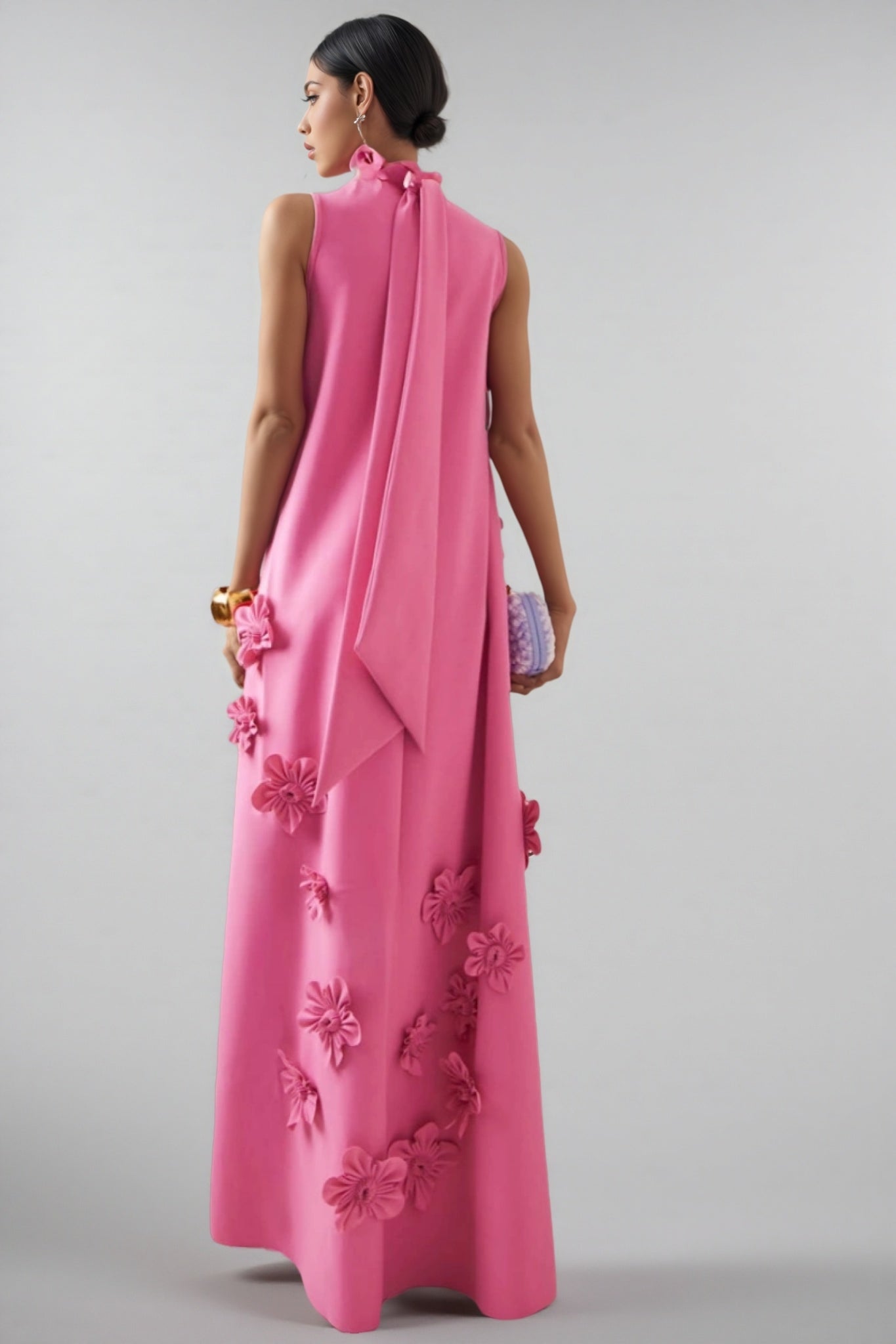 Eliza 3d High Neck Sleeveless Maxi Dress-pink