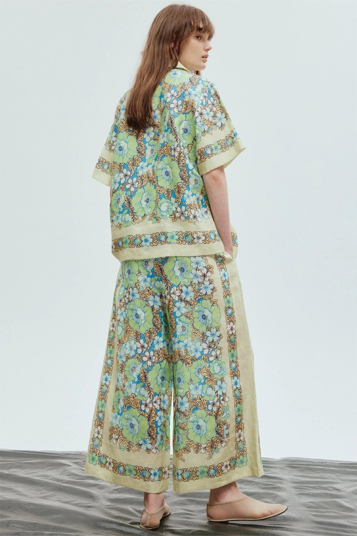 Shirt Collar Mid Sleeve Top & Hight Waist Wide-legged Pants Set
