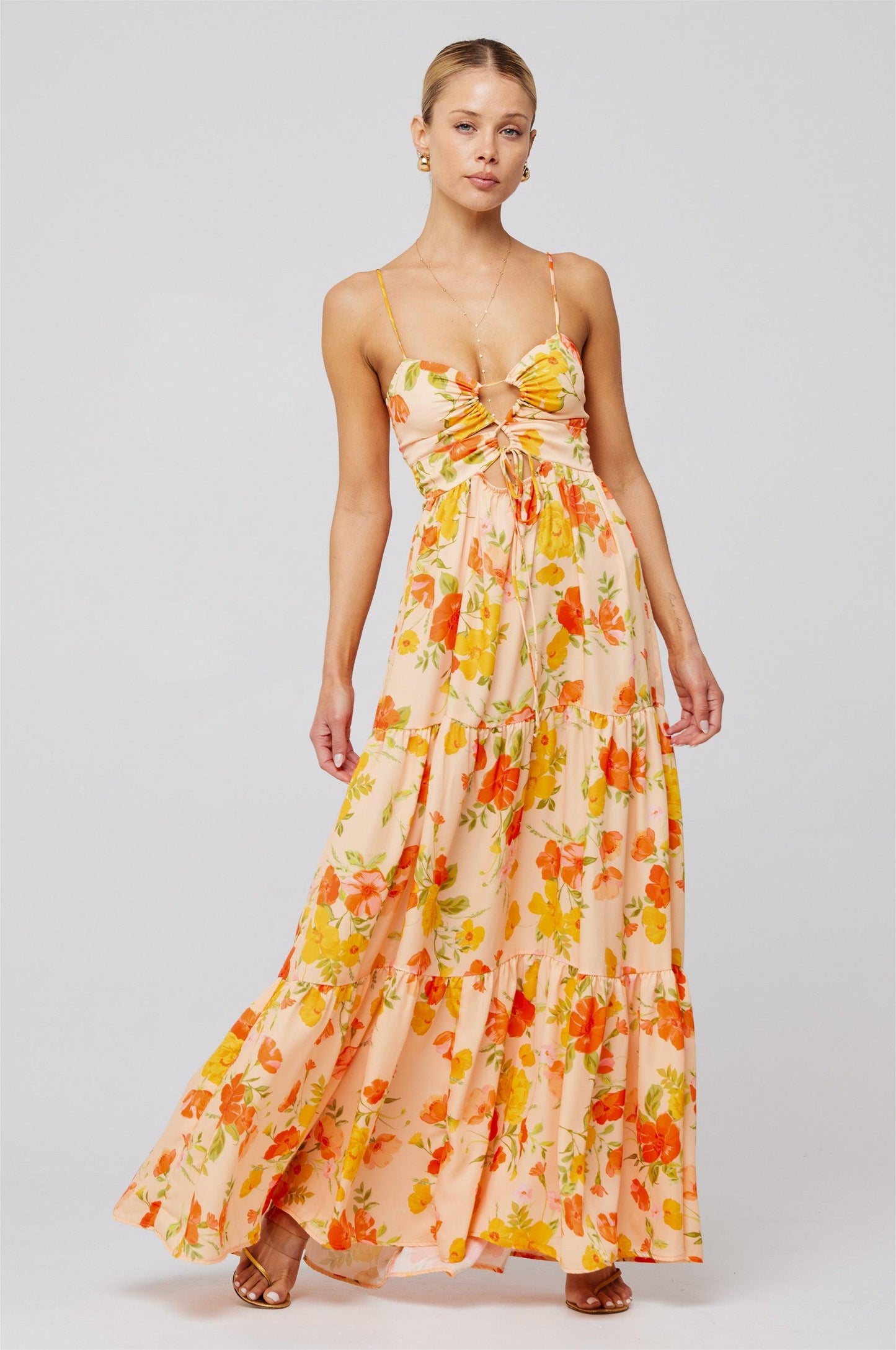 Shirring Lace-up Sleeveless Maxi Dress