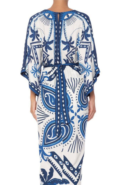 Paisley Print Lace Up Long Sleeve Midi Dress
