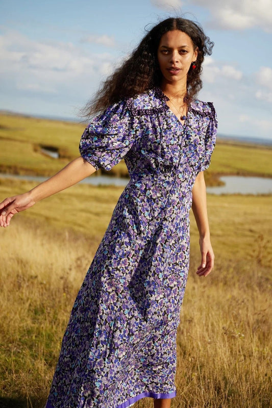 Puff Sleeve Lace Up Frill Midi Dress