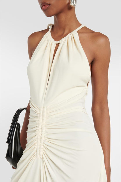 Knit Shirring Lace Up Maxi Dress