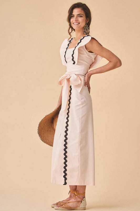 Wavy Line Backless Square Collar Midi Dress With Belt