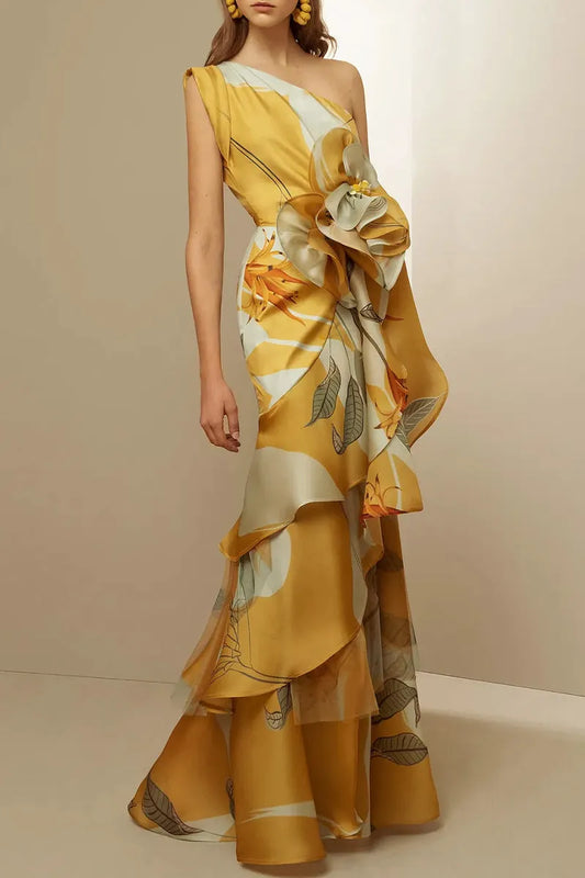 3d One-shoulder Ruffle Maxi Dress