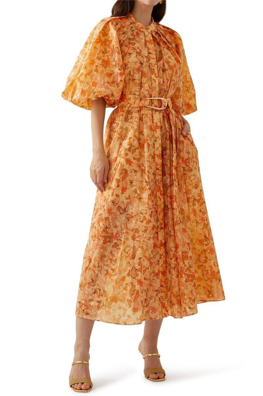 Puff Sleeve Midi Dress With Belt