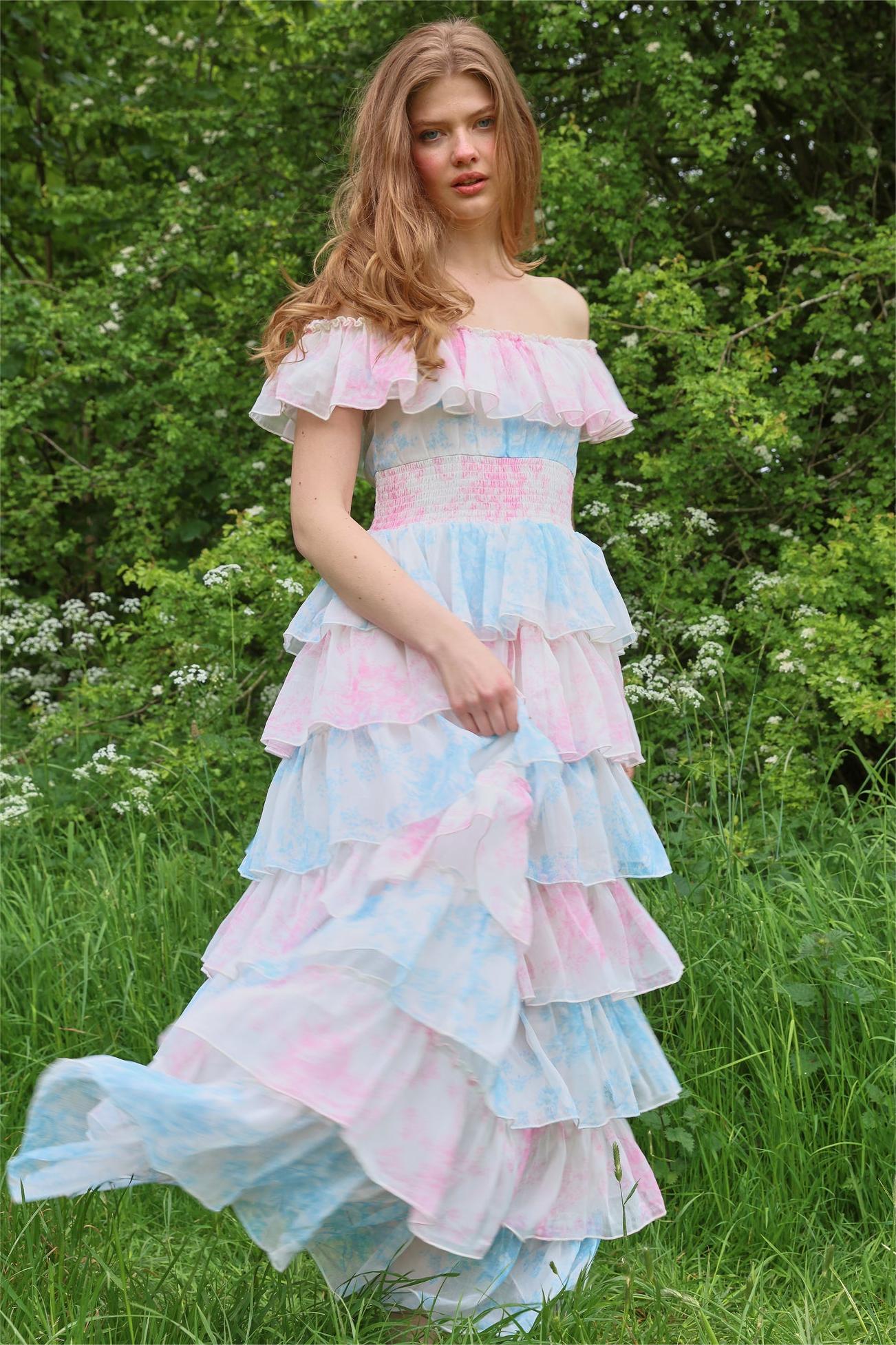 Tie Dye Ruffle Off-shoulder Midi Dress