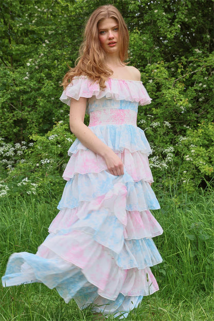 Tie Dye Ruffle Off-shoulder Midi Dress