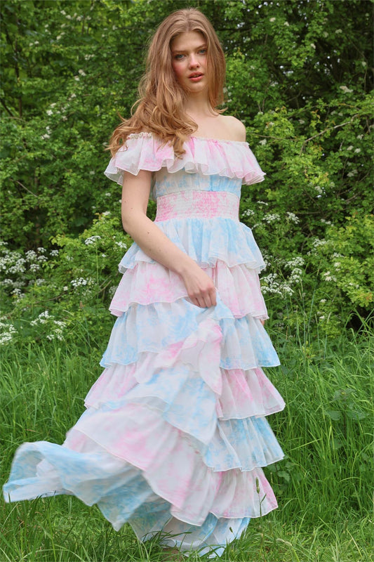Tie Dye Ruffle Off-shoulder Midi Dress