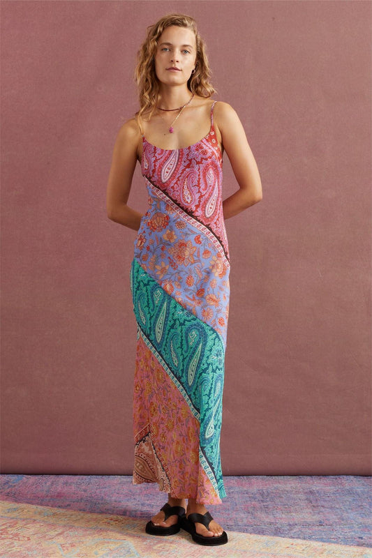Paisley Sleeveless Contrast Color Midi Dress