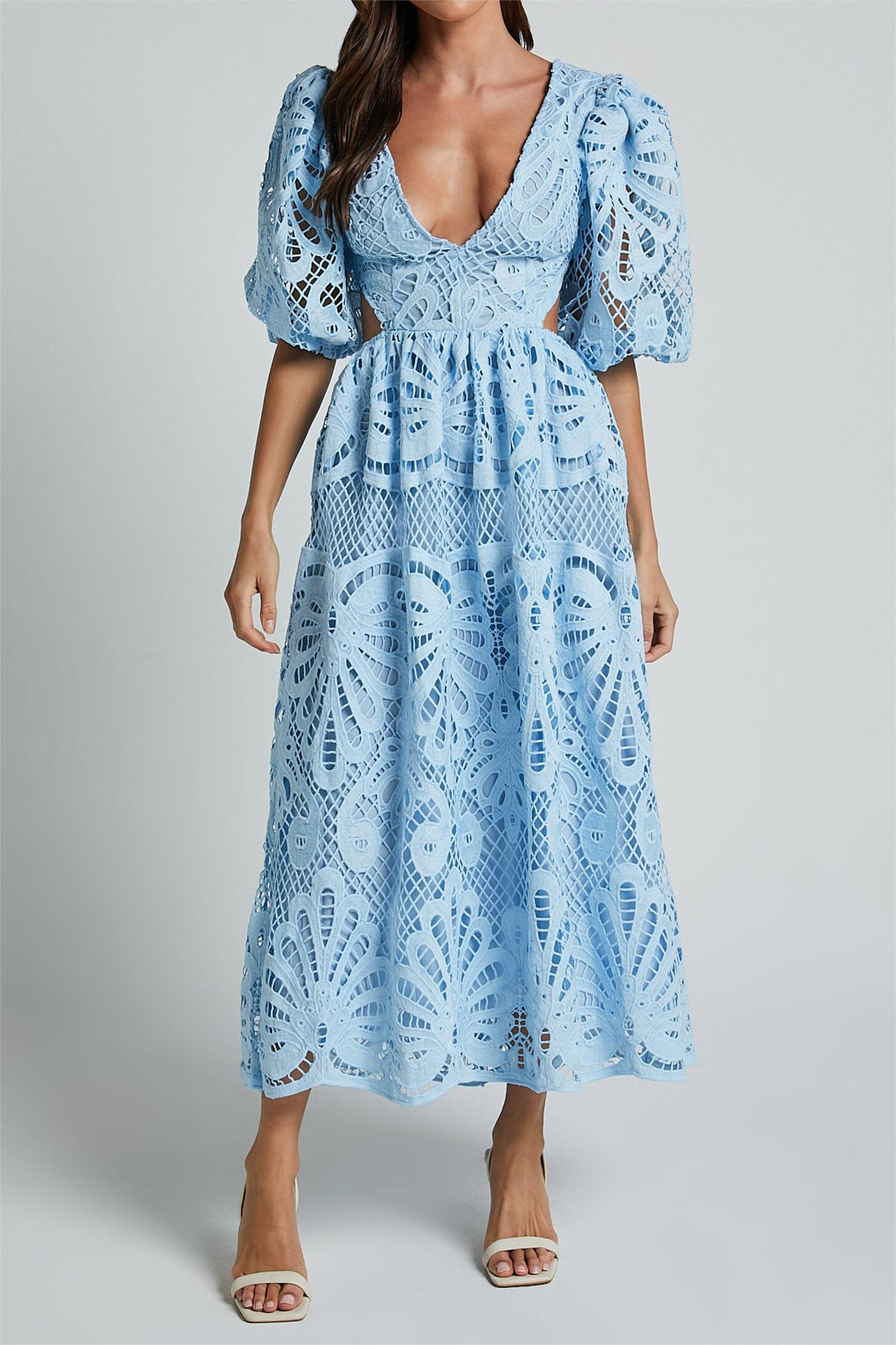 Lace V-neck Cut-out Midi Dress Blue