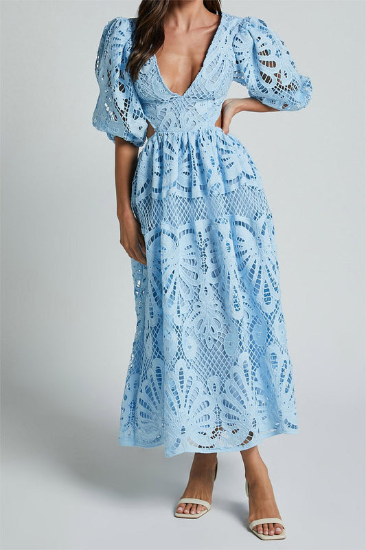 Lace V-neck Cut-out Midi Dress Blue