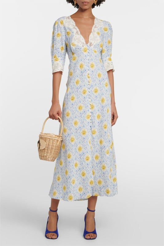 Abstract Print Lace V-neck Midi Dress