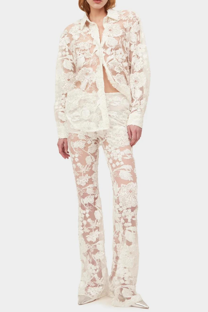 Lace Long Sleeve Top �?lace Mid Waist Pants Set