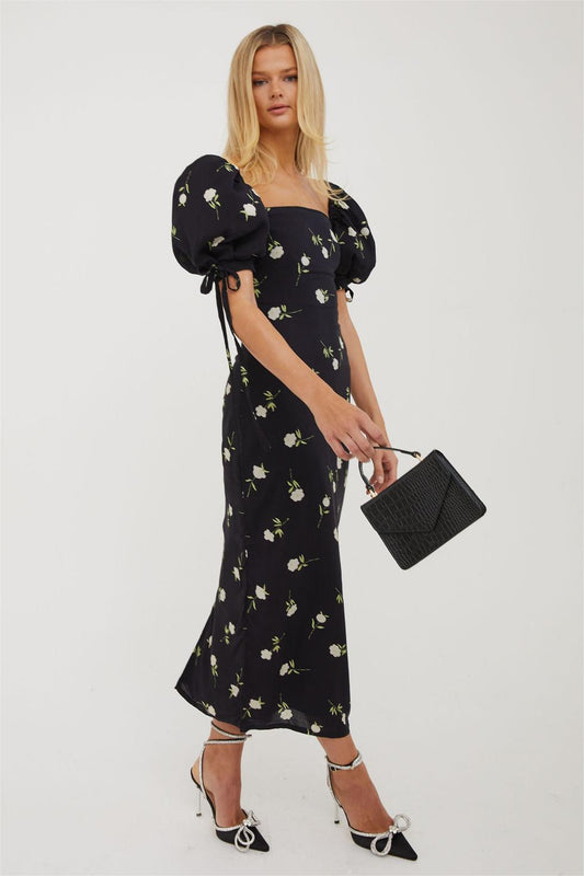 Puff Sleeve Square Neck Midi Dress
