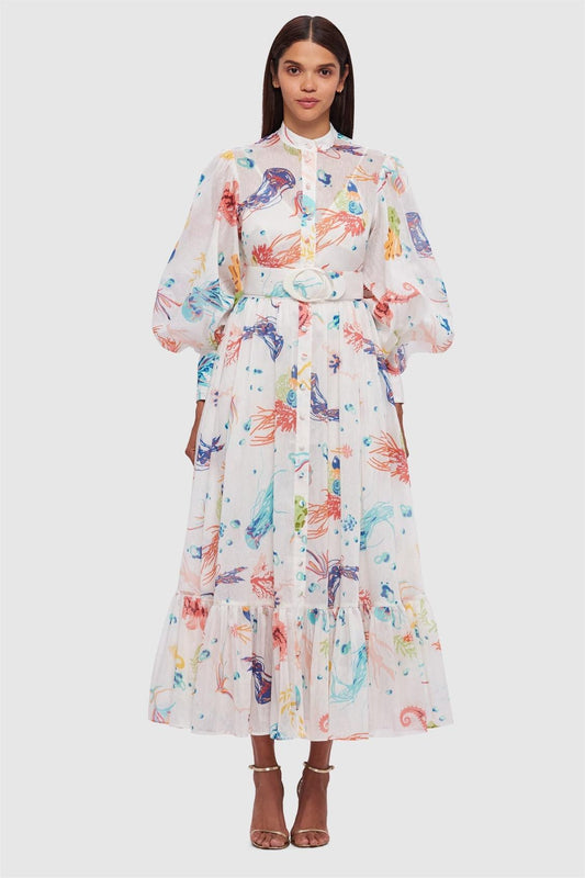 Jellyfish Print Puff Sleeve Midi Dress With Belt