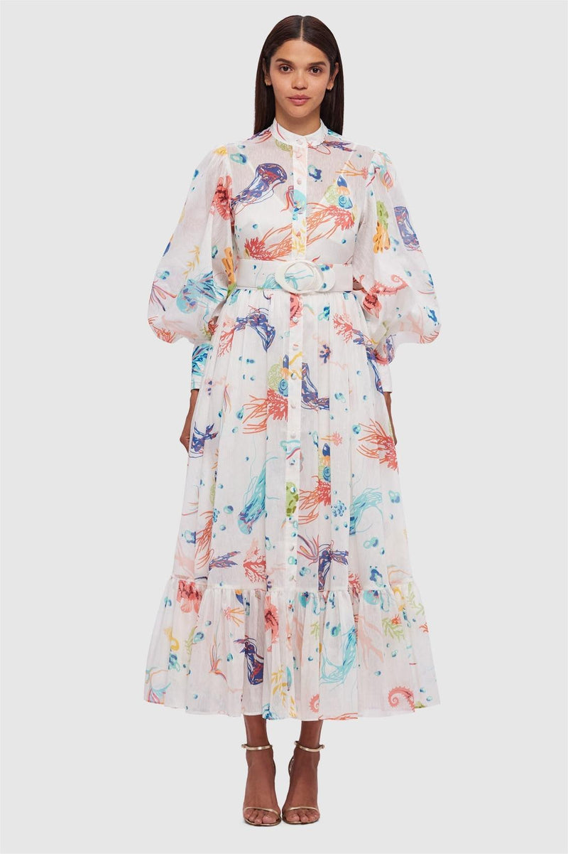 Jellyfish Print Puff Sleeve Midi Dress With Belt