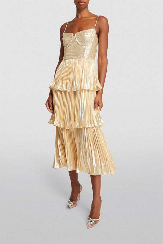 Rhinestone Sleeveless Pleat Midi Dress