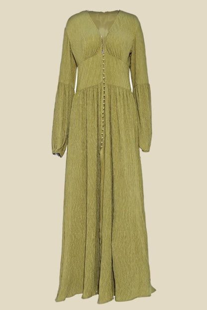 V-neck Lantern Sleeve Button Midi Dress Green