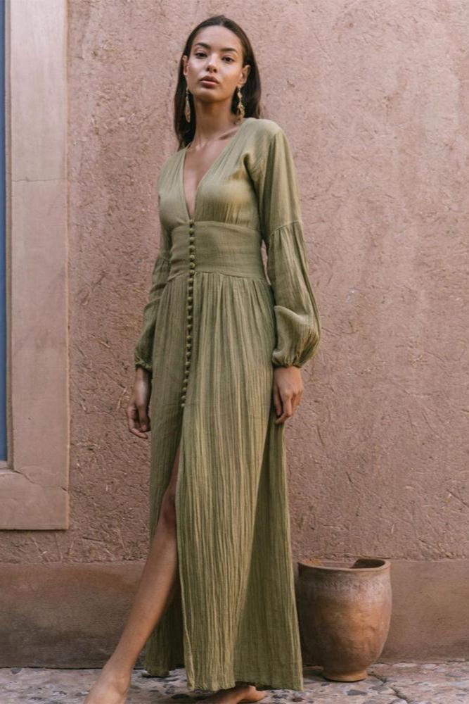 V-neck Lantern Sleeve Button Midi Dress Green
