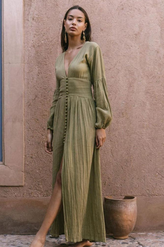 V-neck Lantern Sleeve Button Midi Dress Green