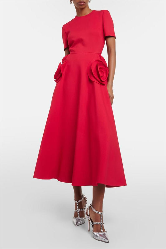 3d Round Neck Short Sleeve Midi Dress Red