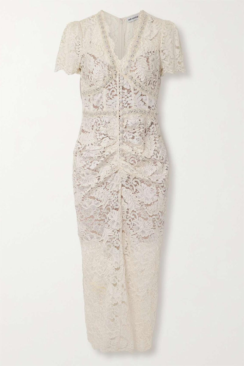 Lace Rhinestone Ruched Midi Dress