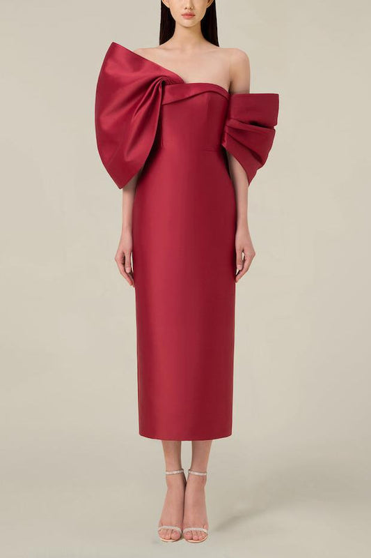 Bow Off-shoulder Asymmetrical Midi Dress Red