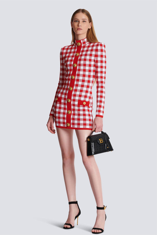 Knit Checks Metal Button Mini Dress