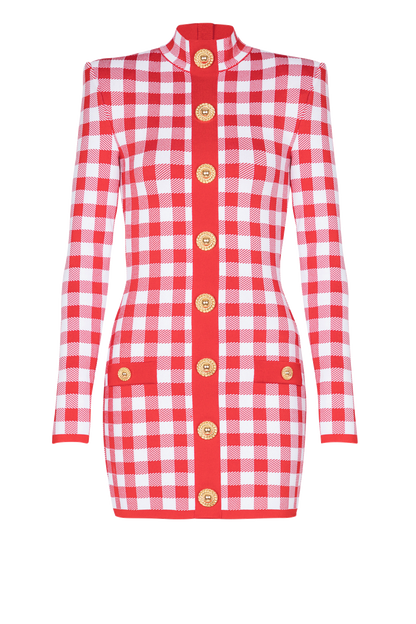Knit Checks Metal Button Mini Dress